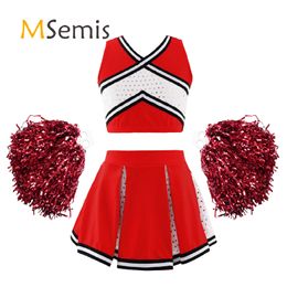 Kids Girls Cheerleading Uniform Dance Costume Striped Front V Neckline Top with Pleated Skirt and 2Pcs Flower Balls Outfit