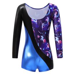 Kids Gymnastics Leotard for Girls Teens Long Sleeve Patchwork Print Ballet Dance Unitard Children Ice Skating Bodysuit Jumpsuit