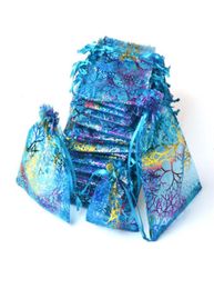 Blue Coralline Organza Drawstring Jewelry Packaging Pouches Party Candy Wedding Favor Gift Bags Design Sheer with Gilding Pattern 4633175