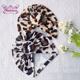 Nishine New Baby Girls Printed Leopard Hat with Round Ball Centre Newborn Turban Caps Children Beanies Kids Headwear Photo Props