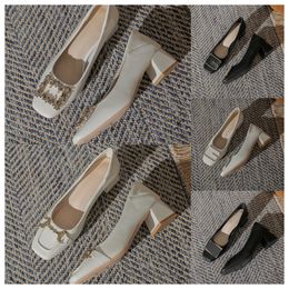 Luxury Designer High square toe white womens fashionable middle heels soft soles thick heels and single shoes