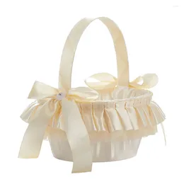 Party Decoration Round Champagne Satin Wedding Flower Girl Basket Bow Baskets Smooth Handle