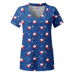 Women Nurses Uniform Christmas Tunic Scrubs Tops V Neck Short Sleeve Pockets Loose Xmas Santa Claus Print Nursing Uniform Shirts