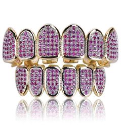 Hip Hop Iced Out Purple CZ Micro Pave Top Bottom Custom Grillz Set Rhodium Teeth Grills3939432