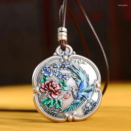 Chains In Charms Square Pendant 925 Silver Colored Enamel Phoenix Peony Flower Necklace For Men And Women Fashion Banquet Jewelry