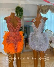 Orange Silver Sparkly Short Prom Homecoming Dresses for Black Girl 2024 Luxury Diamond Feather Birthday Gala Party Gown