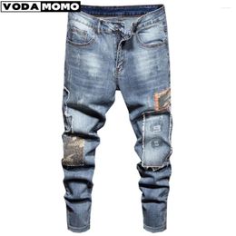 Men's Jeans 2024 Embroidered Creased Stretch Ripped Patches Slim Feet Straight Light Blue Nostalgic Y2k Men Clothing