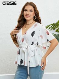 GIBSIE Plus Size Feather Print V Neck Tie Front Peplum Blouse Women 2023 New Summer Casual Butterfly Sleeve Tops And Blouses