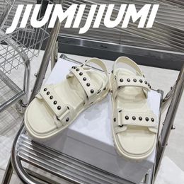 Sandals JIUMIJIUMI Handmade Leather Woman Shoes Platform Flat With Band Hook&Loop Beach Metal Rivet Decora Solid