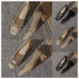 Top Luxury Designer High square toe white women fashionable middle heels soft soles thick heels and single shoes