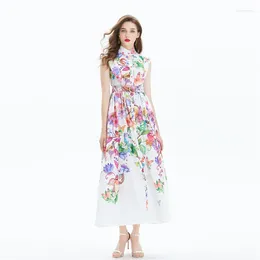 Casual Dresses French Women's Floral Print Party Evening Dress Summer Sleeveless Single Breasted Lady Elegant A-line Holiday J135