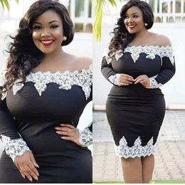 Plus Size Black Cocktail Dresses White Lace Full Long Sleeves Off Shoulder Knee Length Women Formal Prom Party Gowns Maxi Robe