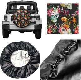 Skull and Flowers Spare Tyre Cover Waterproof Dust-Proof Wheel Protectors Universal for Trailer,,SUV,RV and Many Veh