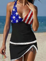 Tankini Bathing Suits for Women 2 Piece American Flag Print Glitter Swimsuits Tankini Top with Drawstring Skirt Beach Swimwear