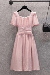 Party Dresses Pink Chiffon Dress 2024 Summer Short Sleeve Square Collar High Waist Texture Ladies Elegant Vestido Robe Clothing