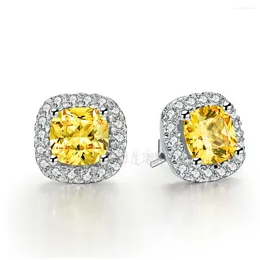 Stud Earrings Solid Platinum PT950 2CT/Piece Cushion Yellow Diamond Engagement White Gold Brilliant Birthday Gift