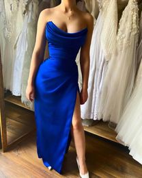 Party Dresses Smileven Royal Blue Strapless Mermaid Evening 2024 Est Pleats Women Prom Gowns Side Split Long Formal Dress
