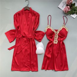 2PCS Lace Robe Gown Set Sexy Women Satin Nighty Bathrobe Strap Nightgown Sleep Suit Summer Bride Wedding Kimono Sleepwear