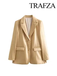 Women's Suits TRAFZA Women Spring Fashion Blazer Tops Gold Turn-Down Collar Long Sleeves Pockets Single Breasted Female Chic Coats Office