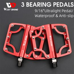 WEST BIKING 3 Bearings Bicycle Pedals Ultralight Aluminium Alloy Anti-Slip CNC Bike Pedal BMX MTB Sealed Bearing Cycling Pedals