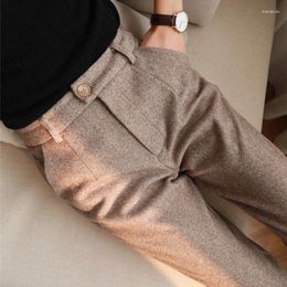 Women's Pants Woolen Women Harem Pencil Spring High Waist Pockets Suit Office Lady Striped Zipper Trousers