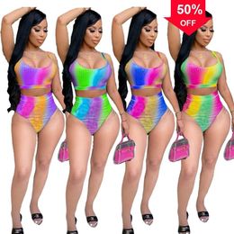 DEALS New Fashion Designer Wholesale Womens Swimwears Sexy Bikinis Swimsuits Womens Tracksuits Items Summer Clothes Two Piece Set Women Tie Dye Tank Crop Top Panti