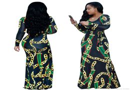 SXXXL Ladies Red Green stripe Golden Chains Printed Maxi Dress Woman Autumn Casual O Neck Long Sleeve Belted Dresses Party Dress4424324