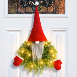 Decorative Flowers Christmas Wreath Gnome Hat With Light Glowing Garland For Front Door Hanging Ornament Window Restaurant Home Decor