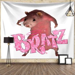 I'm Strong Pink Mouse Funny Pattern Large Fabric Wall Tapestry Kawaii for Room Living Room Dormitory Background Cloth Decoration