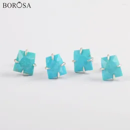 Stud Earrings BOROSA Pairs 9X10mm Square Stones Earring For Women S925 Silver Plated Claw Natural Turquoise Faceted SS200