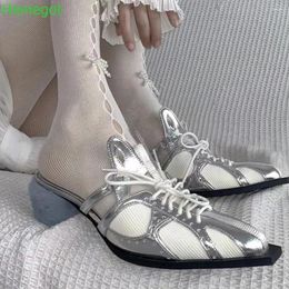 Slippers Pointed Toe Lace-Up Mules Shallow Thick Heel 2024 Summer Casual Slip On Slides Silver Slingback Fashion Women Sandals