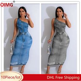 Casual Dresses 10 Wholesale Maxi Women Summer One Shoulder Bodycon Dress Sexy Denim Printing Party Street Wear Bulk Clothes 10880