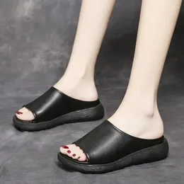 Slippers Women Platform Peep Toe Brown Black 204 Summer Shoes Wedges Retro Slides Female Slip On Flat Sandals Beach