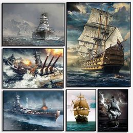 Bismarck Class Battleship Posters and Prints Retro Pirate Ship Canvas Painting Ship Wall Art Pictures for Living Room Decoration