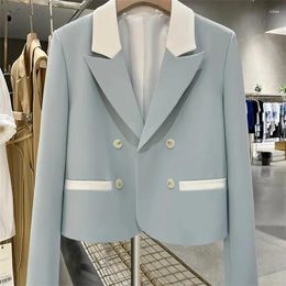 Women's Suits SpringAutumn Contrast Stitching Short Long Sleeved Suit Jacket Light Blue Casual Blazers Womens Clothing Outfits Women