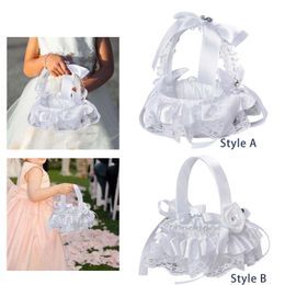 White Flower Girls Basket Decor Western Wedding Decorative Basket for Flower Bride/Kids Hand Held Church Wedding Ceremony Party