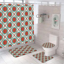 Shower Curtains Retro Flower Geometric Bathroom Set Fabric Curtain Rug Bath Mat Lid Toilet Cover Floral Morden Bathtub Screen Home Decor