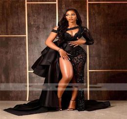 Sexy Black One Shoulder Mermaid Evening Dresses Long Sleeve Beaded Ruffles High Split Formal Dress Party Prom Gowns Custom Made Ro8851437