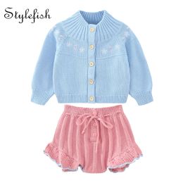 Trousers 2022 autumn infant clothing cotton girl baby knitted embroidered coat + Lace pants suit baby clothing sets