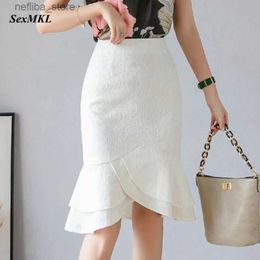 Sexy Skirt MKL Oversized White Lace Skirt Women 2023 Summer High Waist Black Skirts y Office Lady Ruffles Pencil Skirt Jupe Femme L410