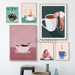 Nordic Cat and Coffee Art Print Cafe Wall Decor Cosy Minimalist Beige Coffee Poster Kitchen Wall Art Canvas Painting Decoration