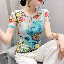 #6428 3d Print Tshirt Women Short Sleeve Summer Vintage T-shirt Thin Sexy Elastic Women's T-shirt Floral Short Women's Tee Shirt