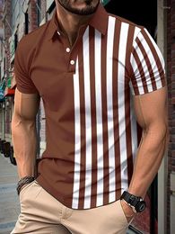 Men's Polos Classic Striped Print Contrast Color Mens Polo Shirt Summer Leisure Breathable Loose Short Sleeve Tops For Men Fashion Pullovers