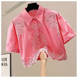 Women's Blouses Korean Turn-Down Collar Hollow Out Embroidery Short Shirt Summer Short-Sleeve Single Breasted White Crop Top