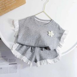 Clothing Sets 1-6T Girl's Grey Lace Edge Set 2024 Summer O-Neck Short Sleeves 3D Beading Flower Applique Top Elastic Up Shorts