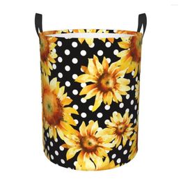 Laundry Bags Folding Basket Sunflowers Watercolor And Dots Round Storage Bin Large Hamper Collapsible Clothes Toy Bucket Organizer