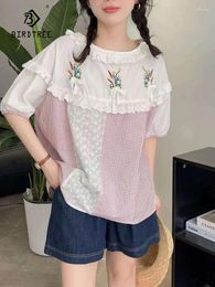 Women's Blouses Spring Cotton Embroidery Shirt Women O-Neck Short Sleeve Casual Tops Girl Literature Sweet 2024 Autumn T441117QC