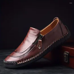 Casual Shoes Classic Leather For Men Slip On Pointed Toe Wedding Party Office Business Dress Male Wine Red Zipper