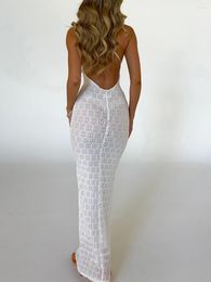 Casual Dresses Mesh See Through Lace Long Dress Sexy Sleeveless Split Hem Solid Color Cocktail Party Wrapped Sling