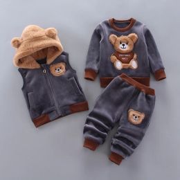 Sets Baby Boy Clothes Set Autumn Winter Pure Cotton Thick Warm Hooded Sweatshirt Pants Vest Cartoon Bear Toddler Kids Girl Clothing